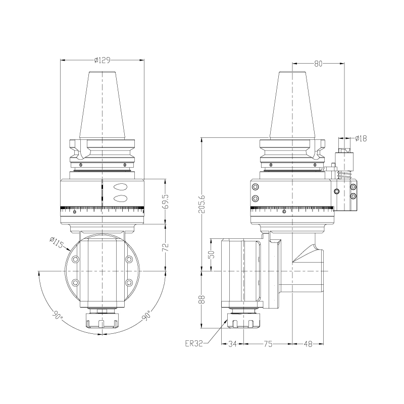 DK90-BT50-W20 万向角度头角度头外形尺寸图