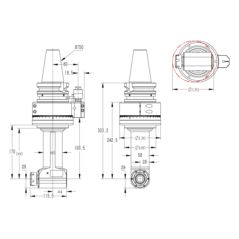 DK90-BT50-ER25-160 加工中心角度头角度头外形尺寸图纸