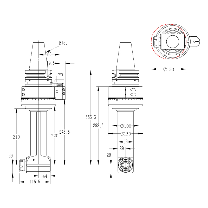 DK90-BT50-ER25-210 定制角度头角度头外形尺寸图纸