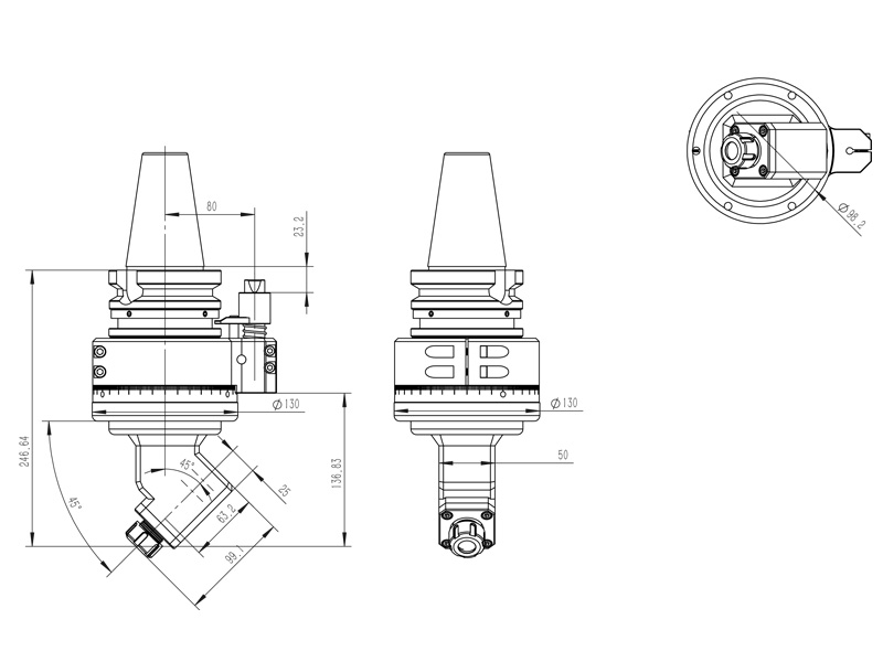 斜角铣孔  DK45-BT50-ER20 定制角度头外型尺寸图纸