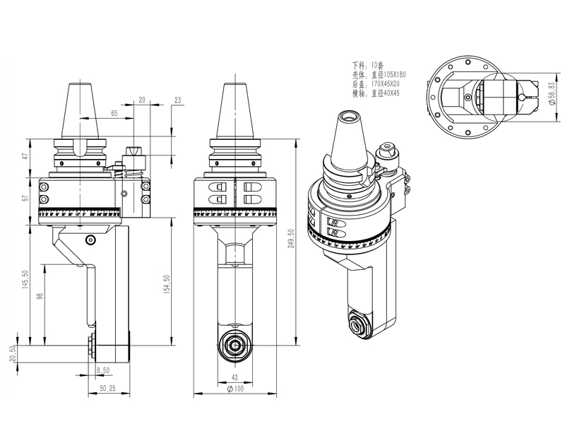 非标铝型材铣孔专用角度头 DK90-BT40-PER16Z外型尺寸图纸