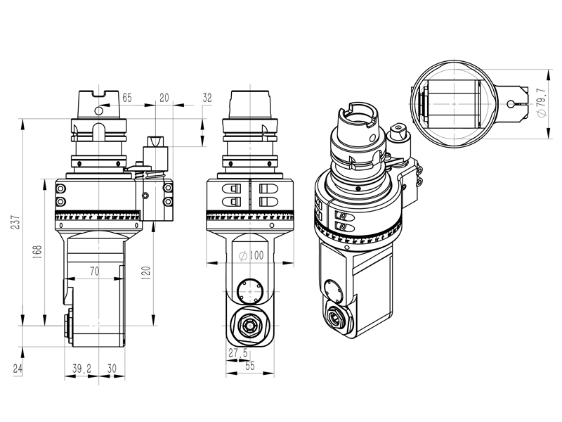 DK90-HSK63A-ER20M-100 窄小空间加工专用角度头外型尺寸图纸