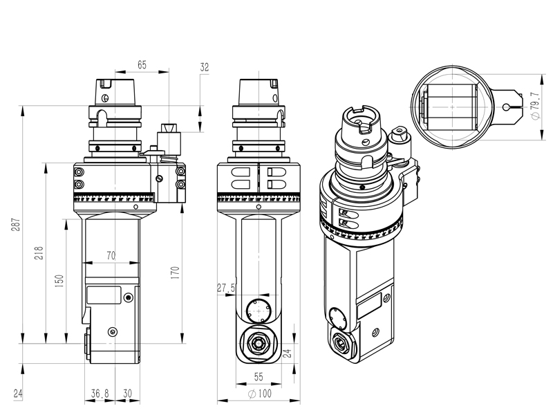 DK90-HSK63A-ER20M-150 轻型加工中心角度头外型尺寸图纸