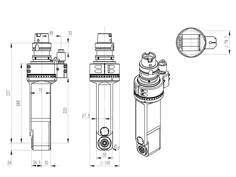 DK90-HSK63A-ER20M-200 加工中心侧铣头外型尺寸图纸