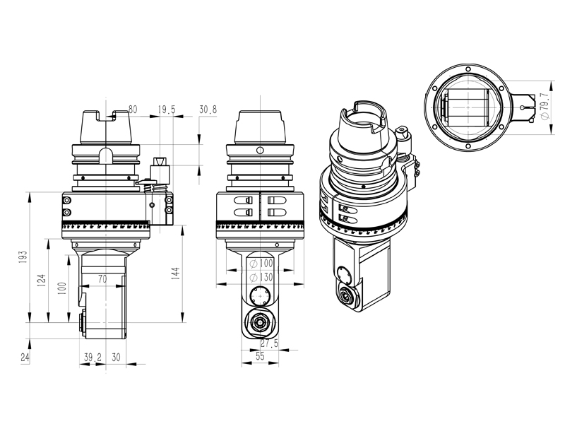 DK90-HSK100A-ER20M-100 轻型加工中心侧铣头外型尺寸图纸