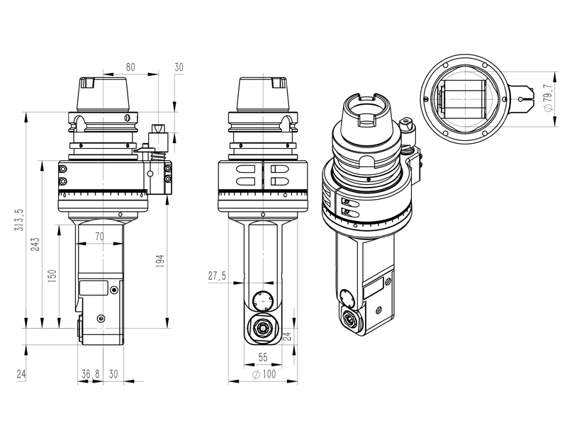 DK90-HSK100A-ER20M-150 立式加工中心侧铣头外型尺寸图纸