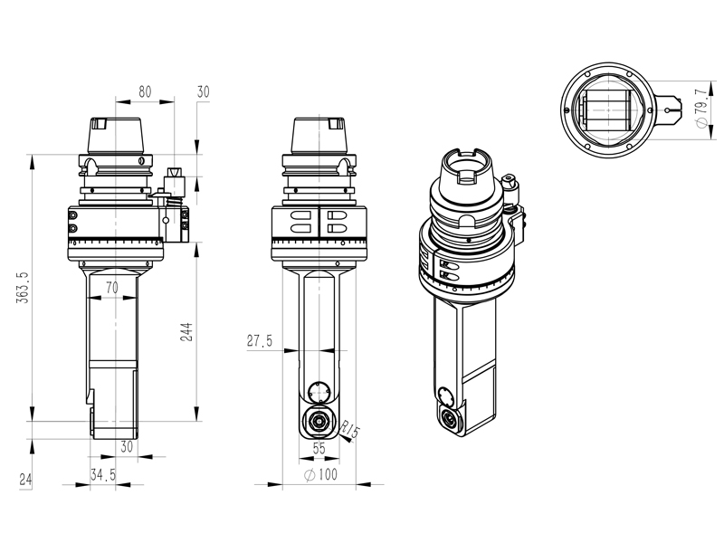 DK90-HSK100A-ER20M-200 轻型侧面铣孔角度头外型尺寸图纸