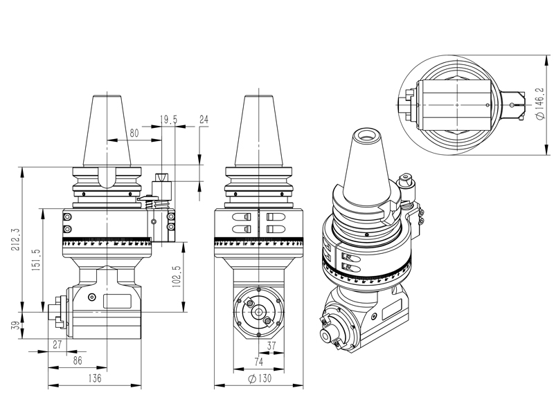 DK90-BT50-FMB22-80 龙门加工中心侧铣头角度头外形尺寸