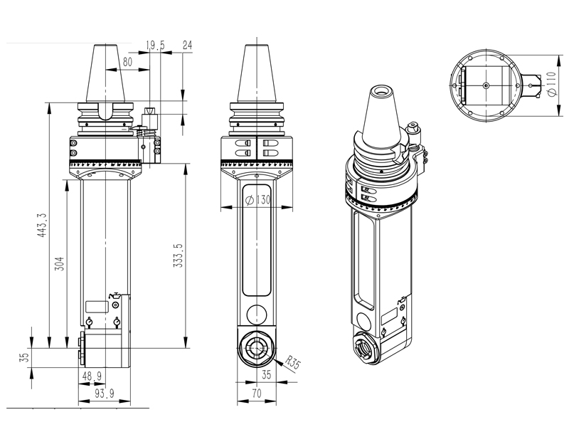DK90-BT50-AER32M-300 定制加长款角度头角度头结构图纸