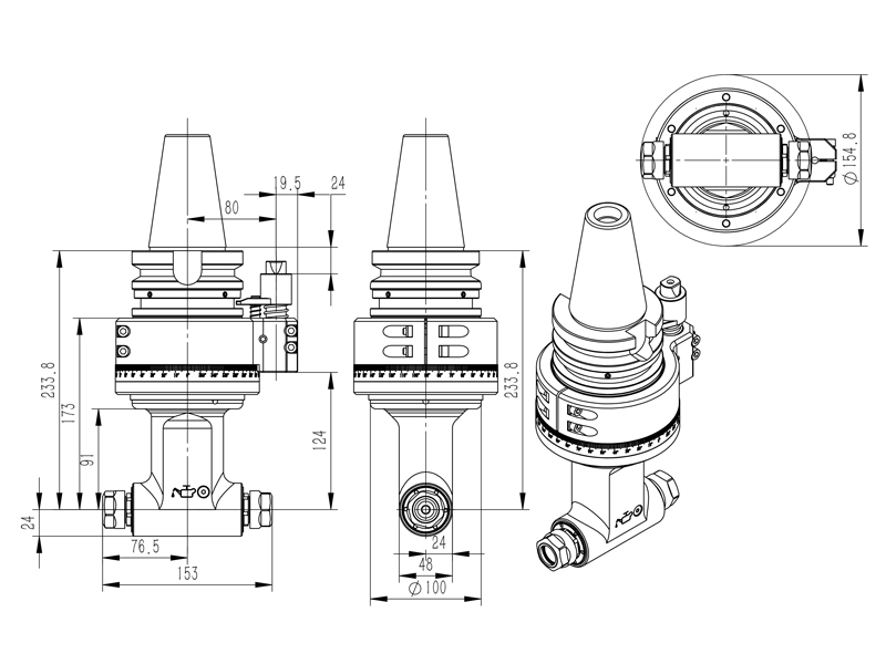 DK90-BT50-ER20-2X 分体轴双出角度头角度头外形尺寸