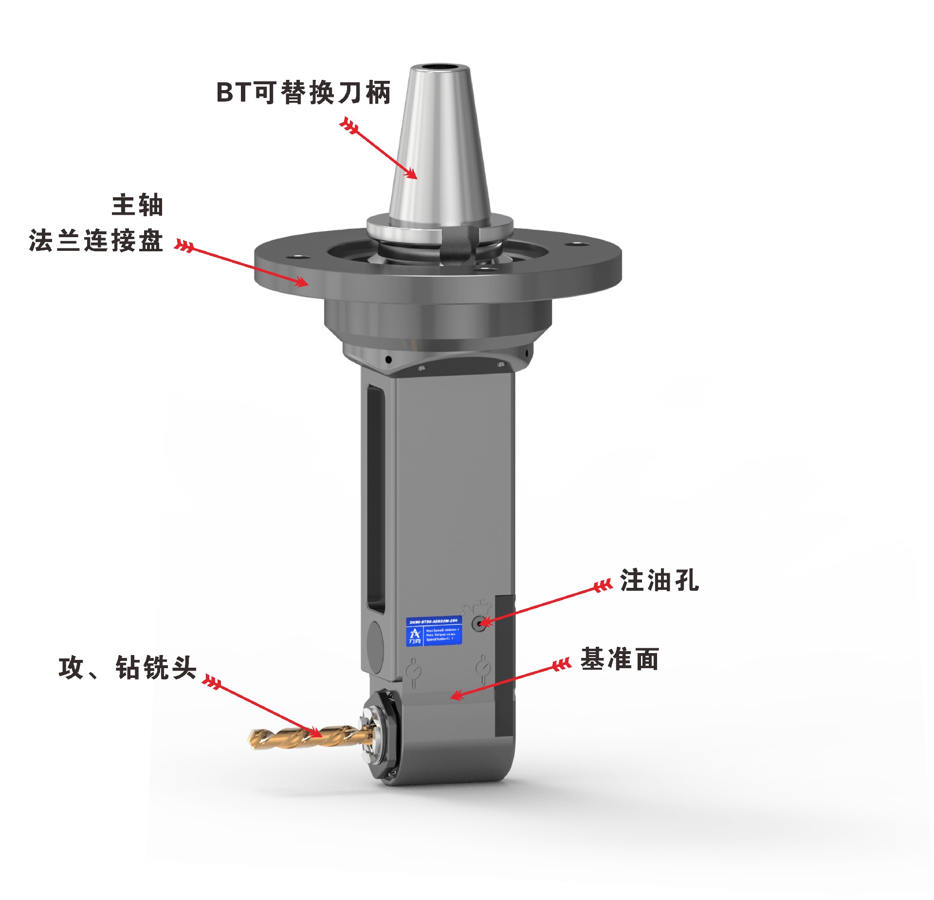 龙门侧铣头 DK90-BT50-AER32M-250 法兰连接角度头标注