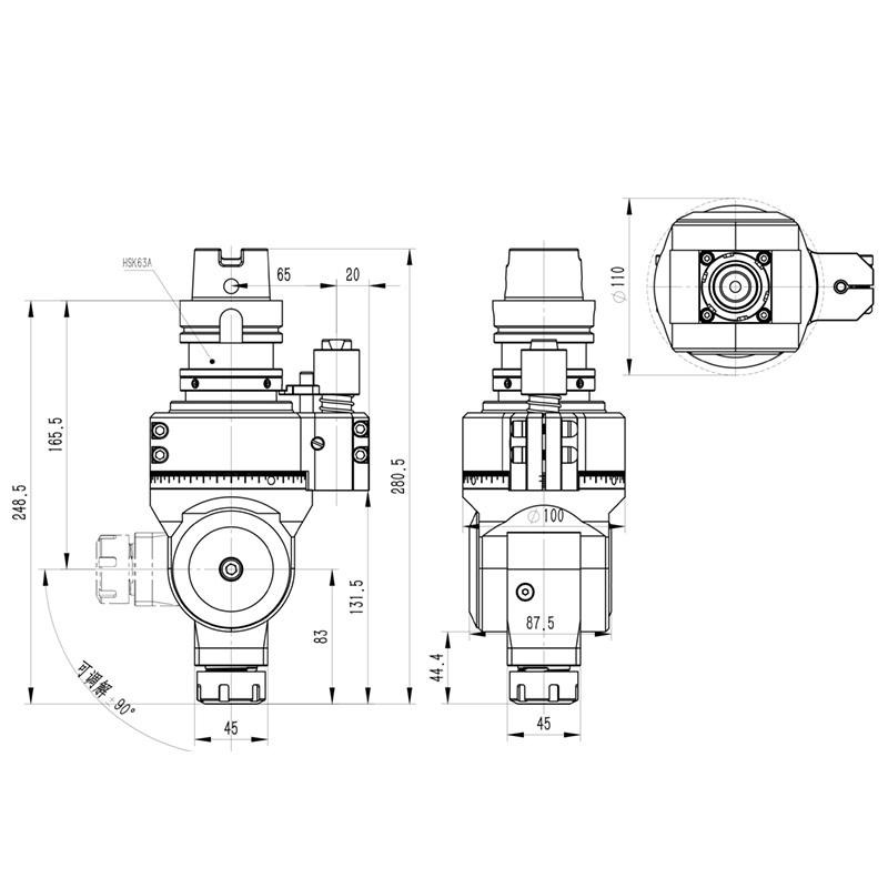 DK90-HSK63A-YW16 多功能水冷头加工角度头YW16 角度头外型尺寸图