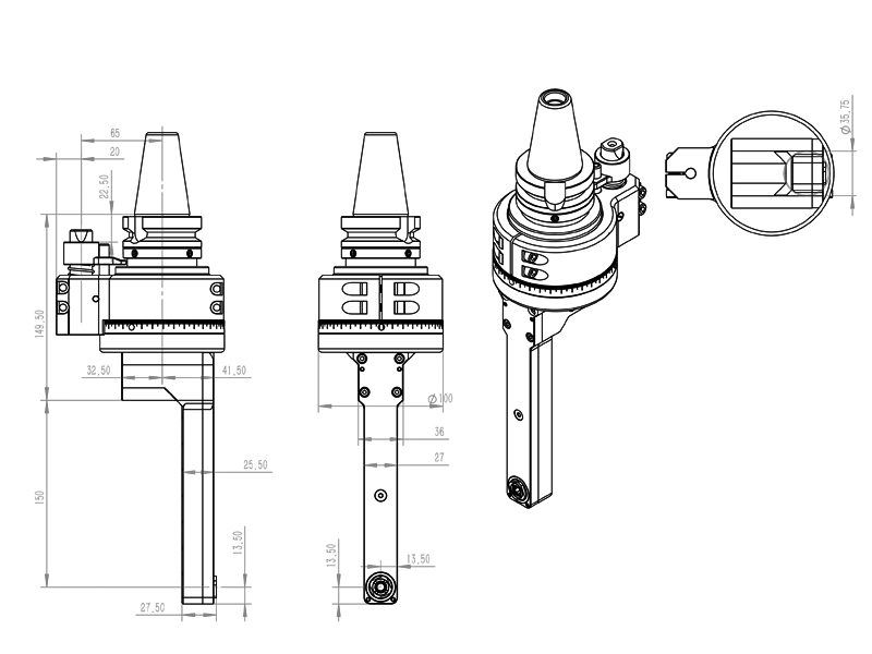 DK90-BT40-DC6-150 轻型窄槽铣边攻牙利器DC 角度头外形尺寸图