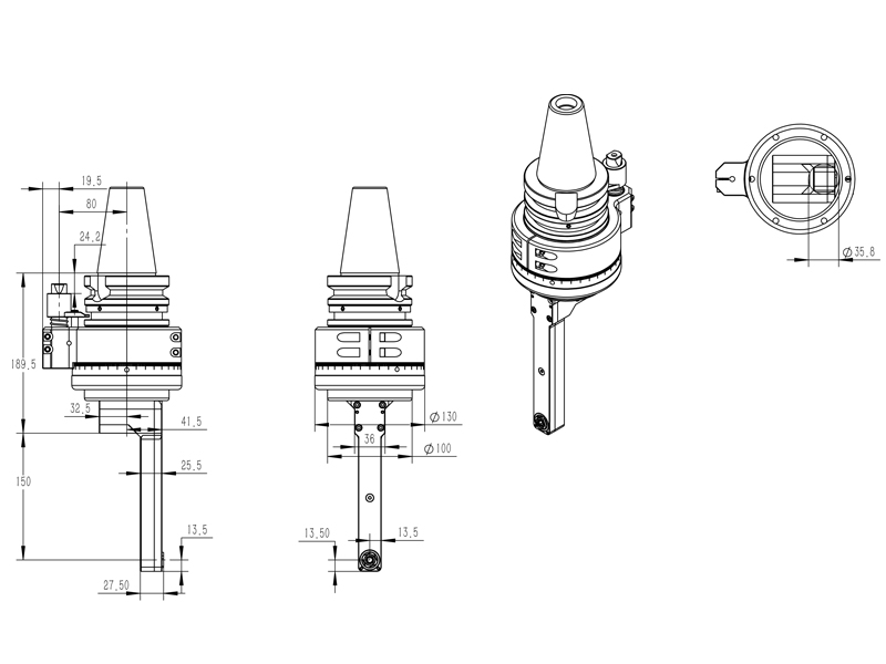 DK90-BT50-DC6-150 小孔径深孔加工侧铣头角度头外形尺寸图