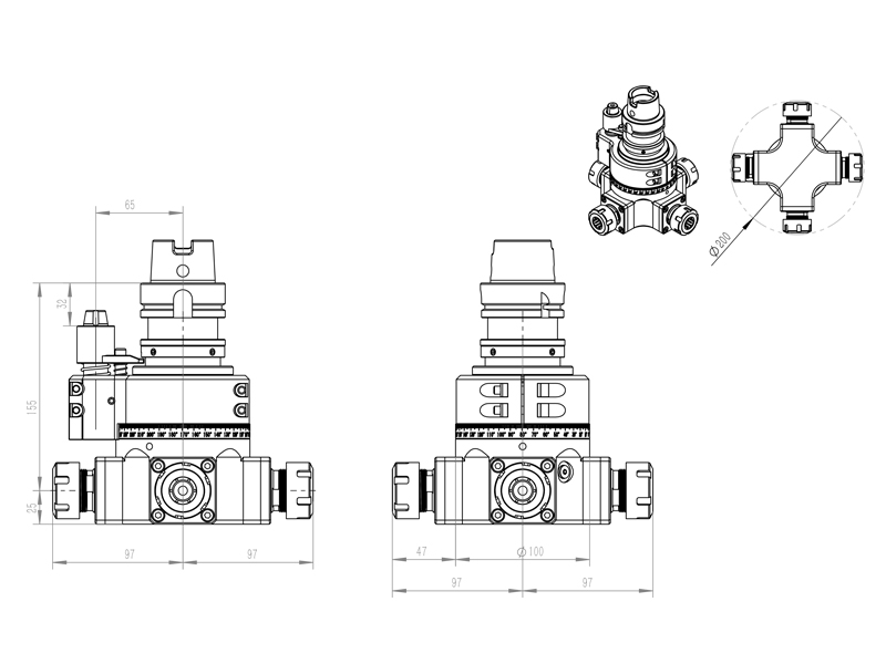 DK90-HSK63A-ER25-4X  四头输出高转速角度头外形尺寸图