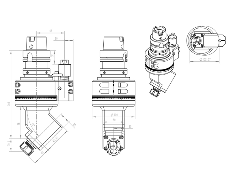 固定角度DK45-HSK63A-ER20 45度侧面铣边角度头外型尺寸图纸