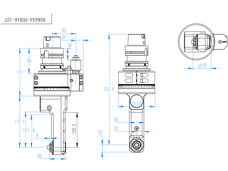 侧槽铣边角度头 DK90-HSK63A-PER16-127 可高转速运行角度头外型尺寸图纸