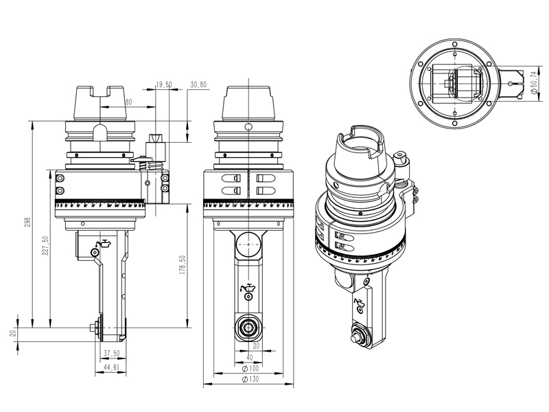 DK90-HSK100A-PER16-97 轻型侧铣头 副车架铣槽角度头角度头外型尺寸图纸