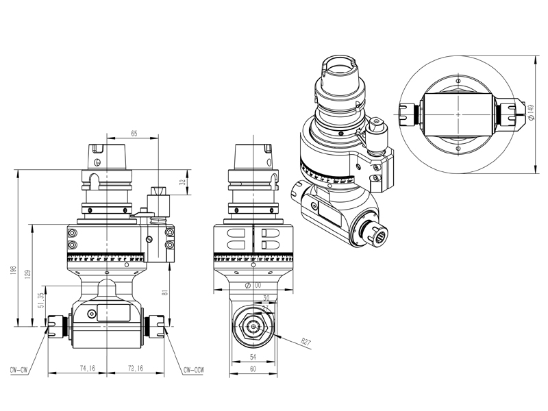 高精度 DK90-HSK63A-ER20-2X-50 双出一体轴角度头角度头外型尺寸图纸