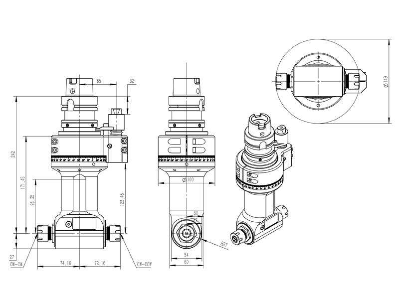 数控加工中心 双输出一体轴角度头 DK90-HSK63A-ER20-2X-100角度头外型尺寸图纸