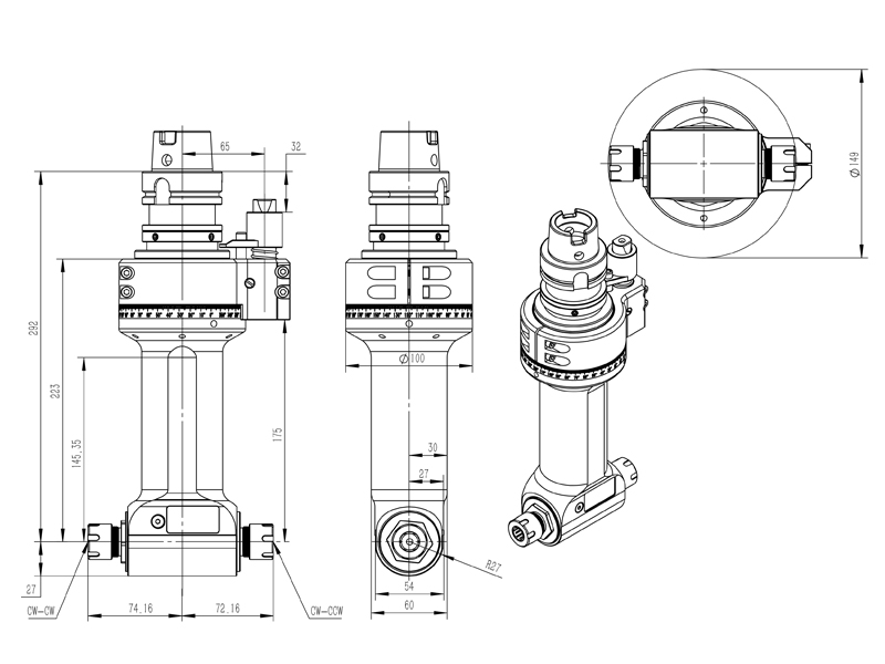 同步加工 DK90-HSK63A-ER20-2X-150 双输出角度头角度头外型尺寸图纸