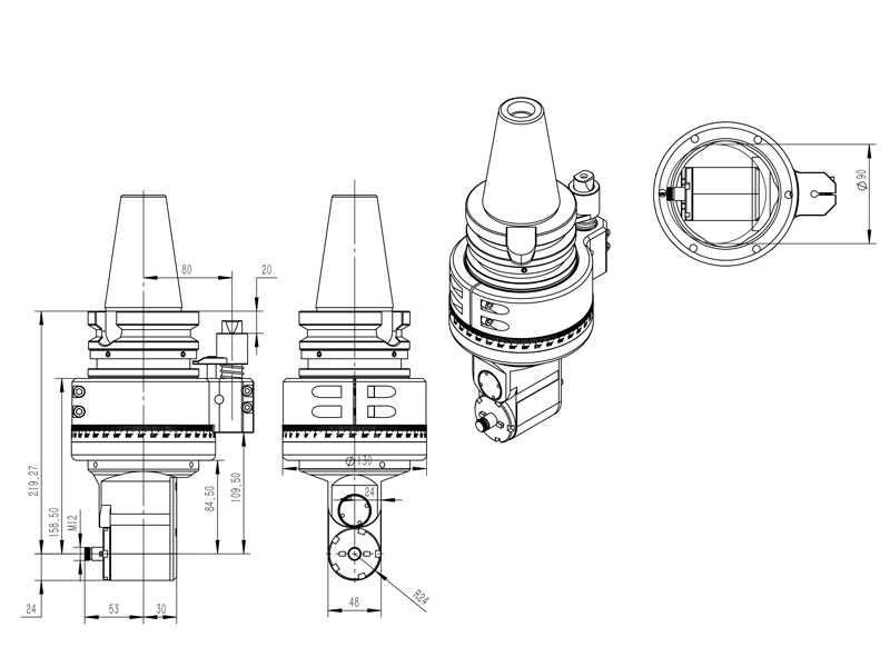 DK90-BT50-ER20MS 轻型大扭距角度头角度头外形结构图