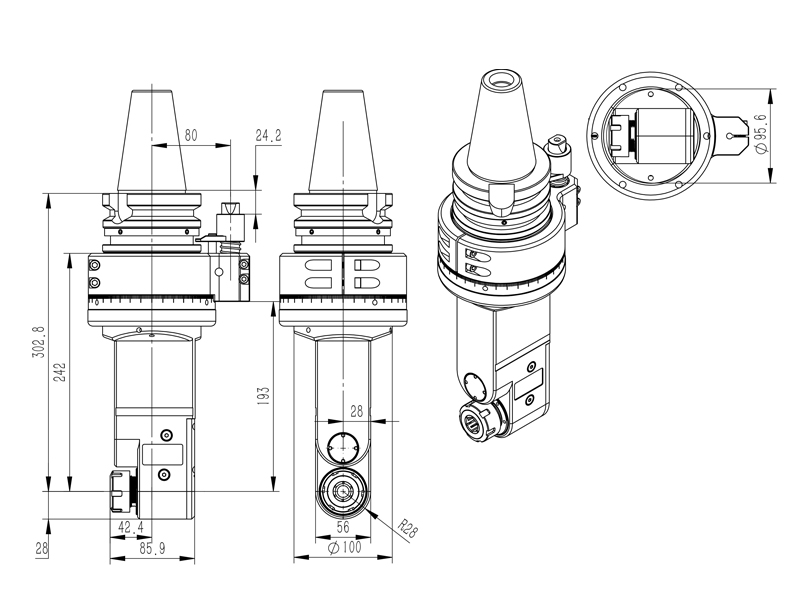 DK90-BT50-ER25M-150  窄小空间角度头角度头外形尺寸图