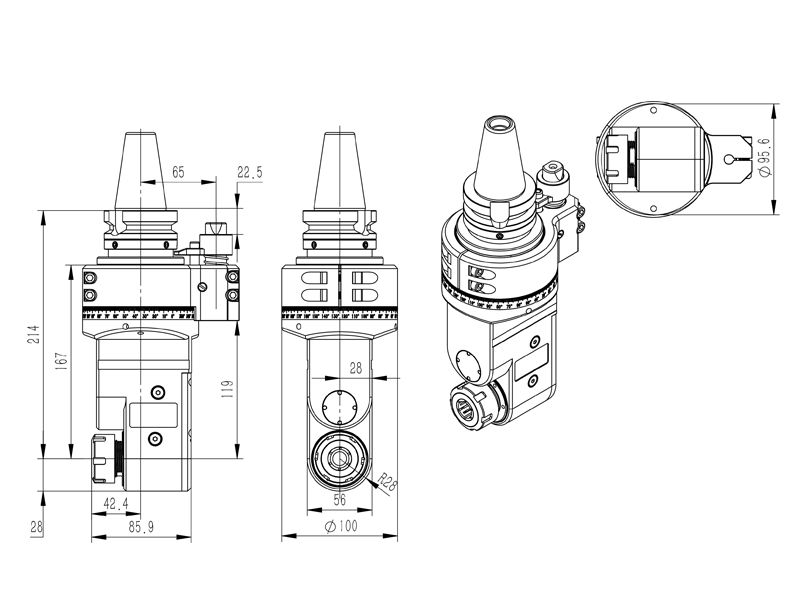 DK90-BT40-ER25M-100 轻型延伸角度头角度头外形尺寸图