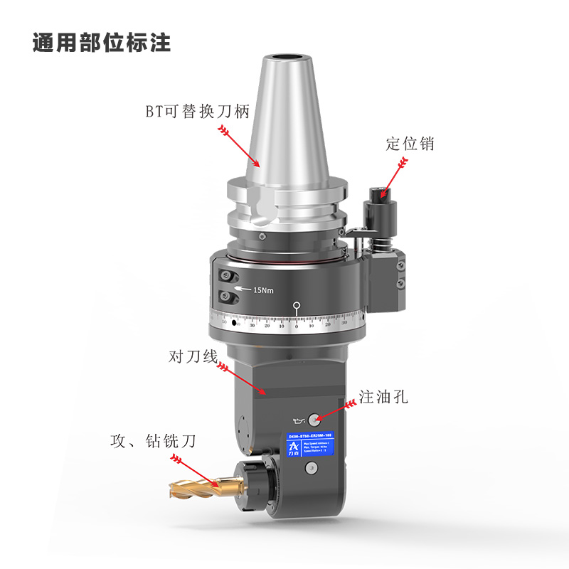 DK90-BT50-ER25M-100 直角铣头角度头通用位置标注